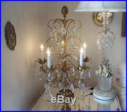 Antique XL Vtg Italian Gold Wood & Crystal Girandole Candelabra Chandelier Lamp