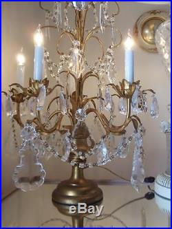 Antique XL Vtg Italian Gold Wood & Crystal Girandole Candelabra Chandelier Lamp