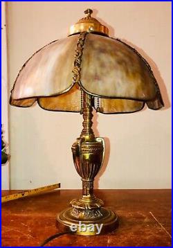 Antique vintage stained glass slag lamp -metal table desk
