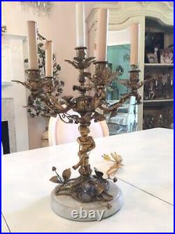 Antique vtg metal Candelabra Lamp Girandole Putti Cherub table chandelier