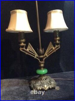Art Deco Double Table Lamp Houze Glass Nile Green Silk Shades c1930s
