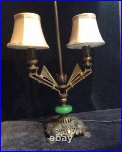 Art Deco Double Table Lamp Houze Glass Nile Green Silk Shades c1930s
