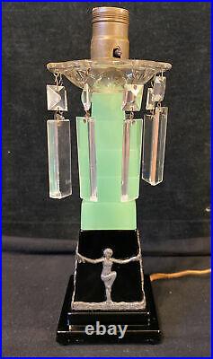 Art Deco Green Glass Jadeite Table Lamp Skyscraper Crystals Chateau Glasscraft