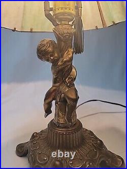 Art Nouveau Cherub Electric Table Lamp Green Slag Glass Leaded Shades Brass