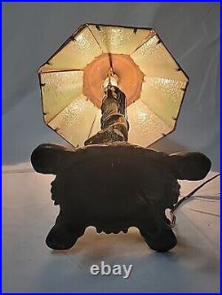 Art Nouveau Cherub Electric Table Lamp Green Slag Glass Leaded Shades Brass