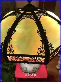 Art Nouveau Slag Glass Lamp Green & Pink Flower Motif