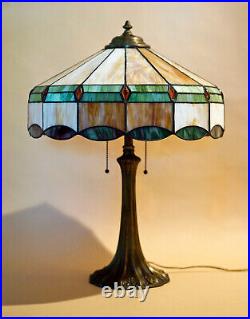 Arts & Crafts Antique Bronze Vintage Handel Era Slag Stain Glass Table Lamp 16