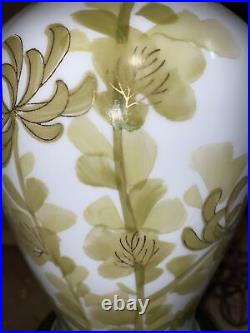Asian Hand Paint, Porcelain Sage Green Floral With Gold Inlay Table Lamp MCM Vtg