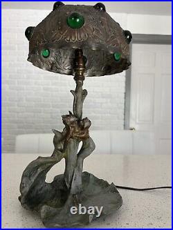 Austrian Art Nouveau Jewelled Bronze Table Lamp- Mermaids Embracing