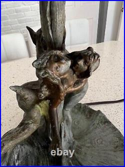Austrian Art Nouveau Jewelled Bronze Table Lamp- Mermaids Embracing