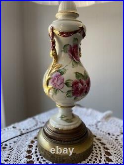 BEAUTIFUL ANTIQUE VICTORIAN CERAMIC PORCELAIN FLORAL PAINTED LAMP With SIGNATURE