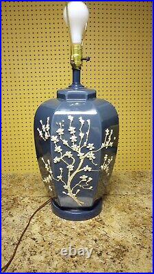 Beautiful Vintage 1960s Blue and White Floral Ceramic Table Lamp