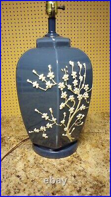 Beautiful Vintage 1960s Blue and White Floral Ceramic Table Lamp