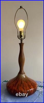 Beautiful Vintage Orange Ceramic Drip Glaze Lamp Wood Neck MCM Gourd Shape