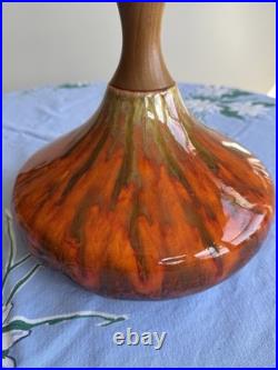 Beautiful Vintage Orange Ceramic Drip Glaze Lamp Wood Neck MCM Gourd Shape