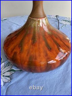 Beautiful Vintage Orange Ceramic Drip Glaze Lamp Wood Neck MCM Gourd Shape