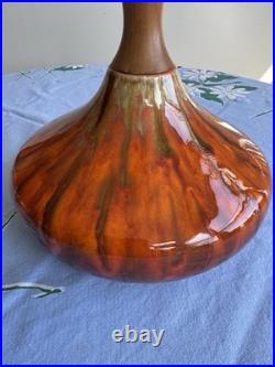 Beautiful Vintage Orange Ceramic Drip Glaze Lamp Wood Neck MCM Gourd Shape