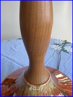 Beautiful Vintage Orange Ceramic Drip Glaze Lamp Wood Neck MCM Gourd Shape