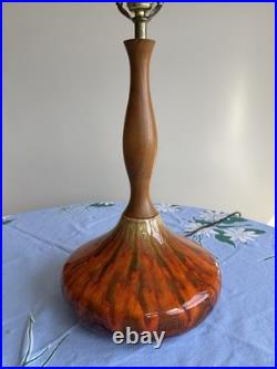 Beautiful Vintage Orange Ceramic Drip Glaze Lamp Wood Neck MCM Gourd Shape