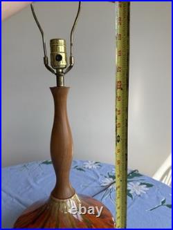 Beautiful Vintage Orange Ceramic Drip Glaze Lamp Wood Neck MCM Gourd Shape