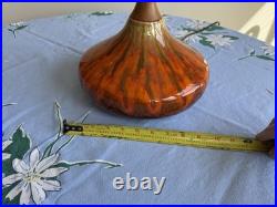 Beautiful Vintage Orange Ceramic Drip Glaze Lamp Wood Neck MCM Gourd Shape