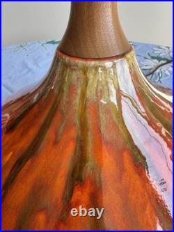 Beautiful Vintage Orange Ceramic Drip Glaze Lamp Wood Neck MCM Gourd Shape