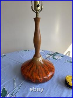Beautiful Vintage Orange Ceramic Drip Glaze Lamp Wood Neck MCM Gourd Shape