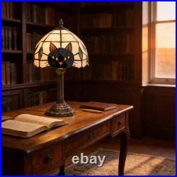 Black Cat Tiffany Style Stained Glass Table Lamp Halloween Bedroom Desk Decor