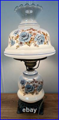 Blue Floral Glass Vintage Table Lamp 3-Way Light 23 Tall TESTED