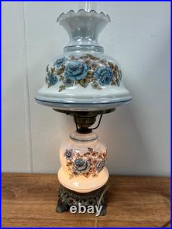 Blue Floral Glass Vintage Table Lamp 3-Way Light 23 Tall TESTED