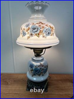 Blue Floral Glass Vintage Table Lamp 3-Way Light 23 Tall TESTED