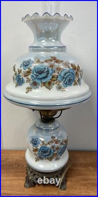 Blue Floral Glass Vintage Table Lamp 3-Way Light 23 Tall TESTED