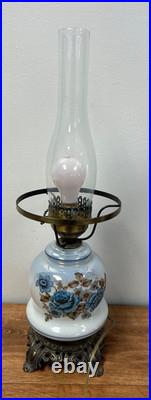 Blue Floral Glass Vintage Table Lamp 3-Way Light 23 Tall TESTED