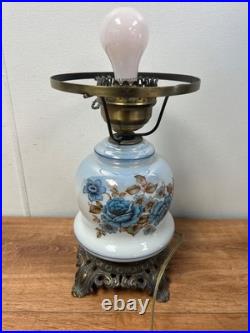 Blue Floral Glass Vintage Table Lamp 3-Way Light 23 Tall TESTED