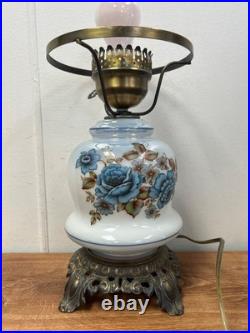 Blue Floral Glass Vintage Table Lamp 3-Way Light 23 Tall TESTED