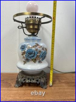 Blue Floral Glass Vintage Table Lamp 3-Way Light 23 Tall TESTED