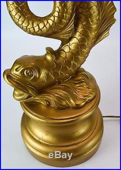 Brass Koi Torchiere Table Lamp Set Metal Gold Vintage Antique Fish Lamp Pair