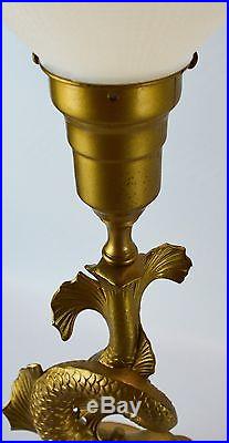 Brass Koi Torchiere Table Lamp Set Metal Gold Vintage Antique Fish Lamp Pair