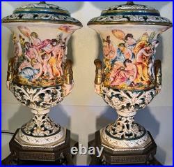 Capodimonte Porcelain Lamps (2) Brass Base GREEK MYTHOLOGY Satyrs Festive Scenes