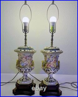 Capodimonte Porcelain Lamps (2) Brass Base GREEK MYTHOLOGY Satyrs Festive Scenes