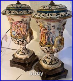 Capodimonte Porcelain Lamps (2) Brass Base GREEK MYTHOLOGY Satyrs Festive Scenes