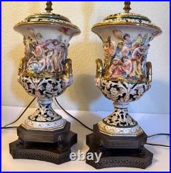 Capodimonte Porcelain Lamps (2) Brass Base GREEK MYTHOLOGY Satyrs Festive Scenes