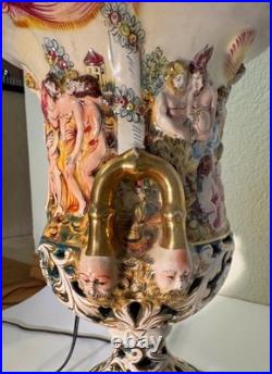 Capodimonte Porcelain Lamps (2) Brass Base GREEK MYTHOLOGY Satyrs Festive Scenes