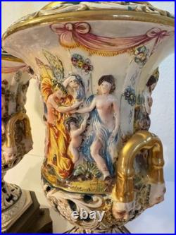 Capodimonte Porcelain Lamps (2) Brass Base GREEK MYTHOLOGY Satyrs Festive Scenes