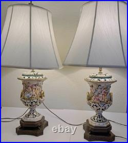Capodimonte Porcelain Lamps (2) Brass Base GREEK MYTHOLOGY Satyrs Festive Scenes