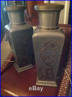 Chinese Pewter & Brass Urn Vase Table Lamp Vintage Chinoiserie Pair set of 2