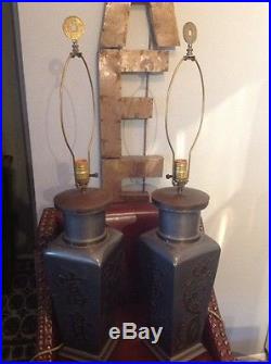 Chinese Pewter & Brass Urn Vase Table Lamp Vintage Chinoiserie Pair set of 2