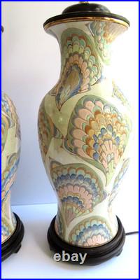 Chinoiserie Flame Stitch Vintage Table Lamps 80's Vintage Chinese Ceramics