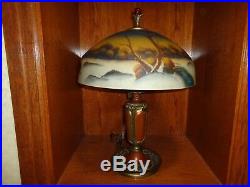 Early 20th. C Reverse Painted Glass Shade Table Lamp, Works, Antique/Vintage