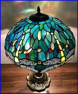 Enjoy Table Lamp Dragonfly Green Blue Stained Glass Antique Vintage W16H24 inch